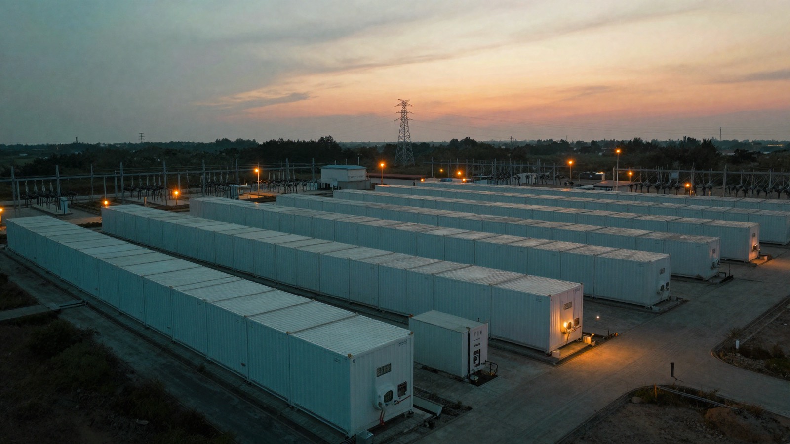 Grid-scale battery energy storage facility at dusk