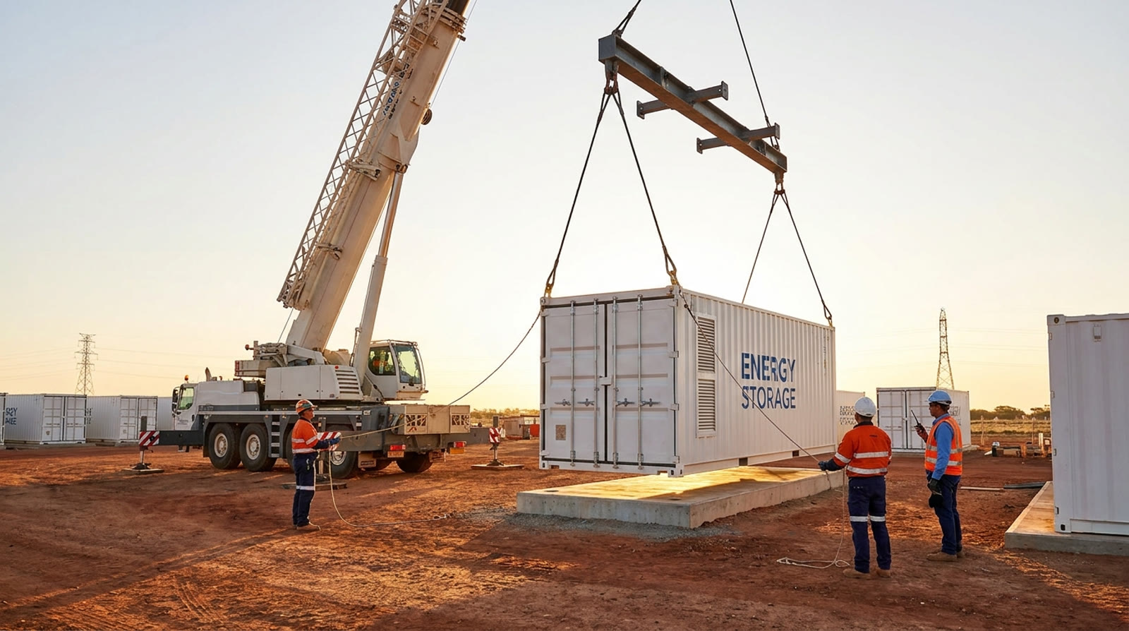 Crane lifting a battery enclosure onto its foundation on a BESS construction site