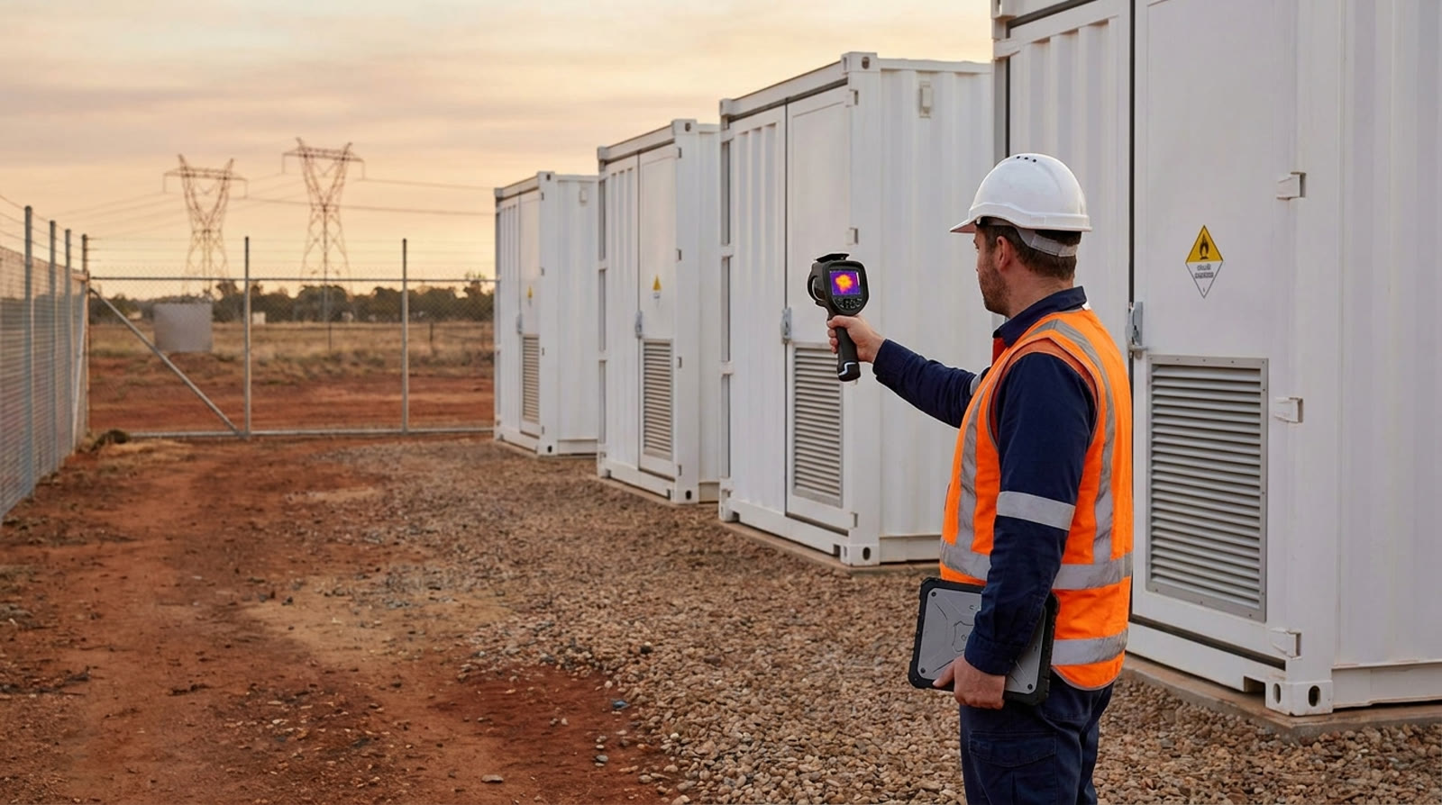 Engineer verifying asset records during a battery storage handover inspection