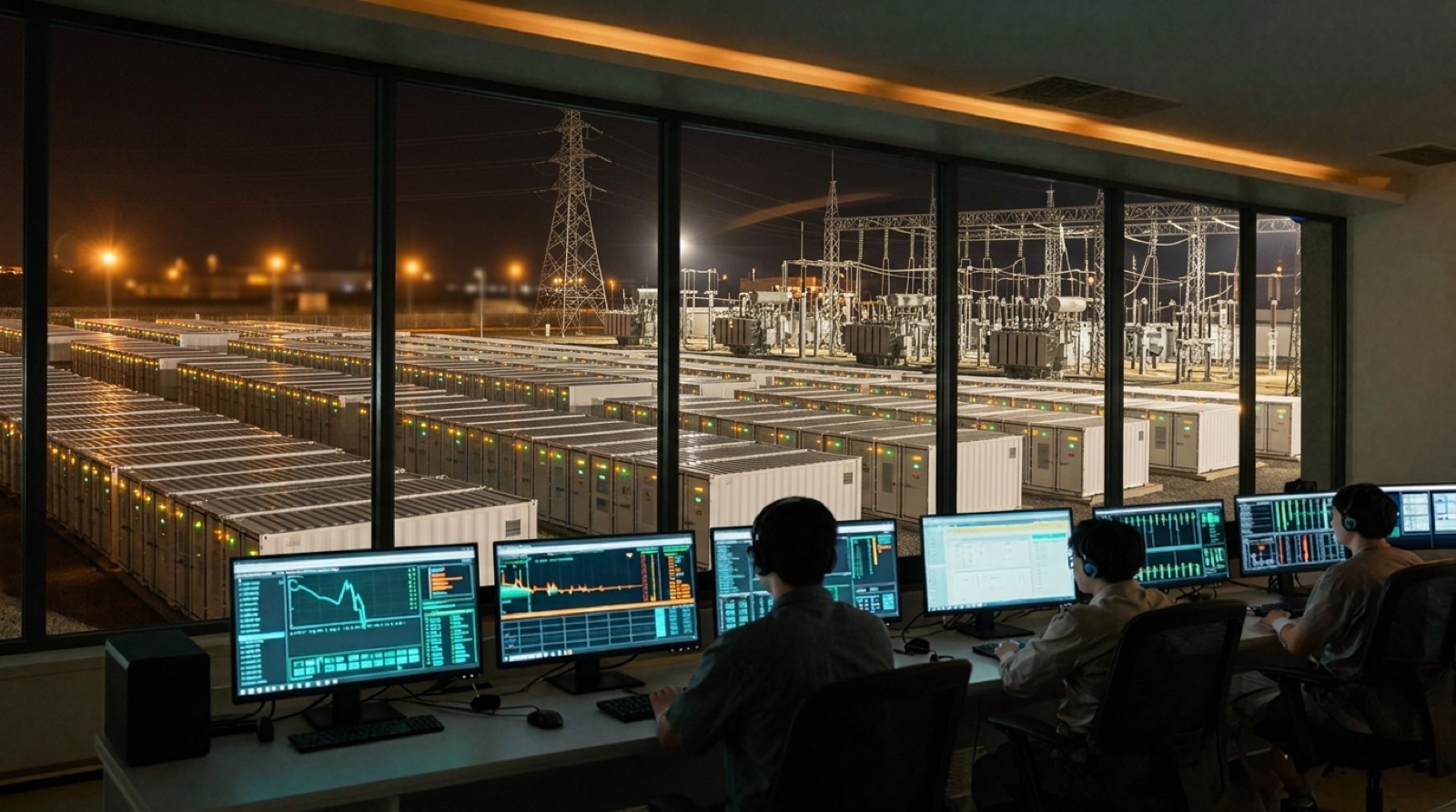 Operations team monitoring a battery storage portfolio from a control room