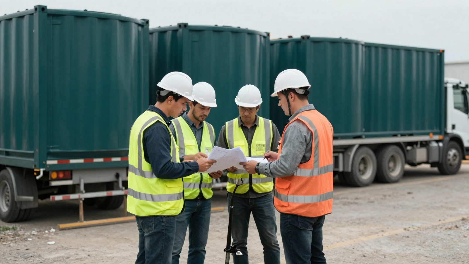 Project team reviewing handover records together on site
