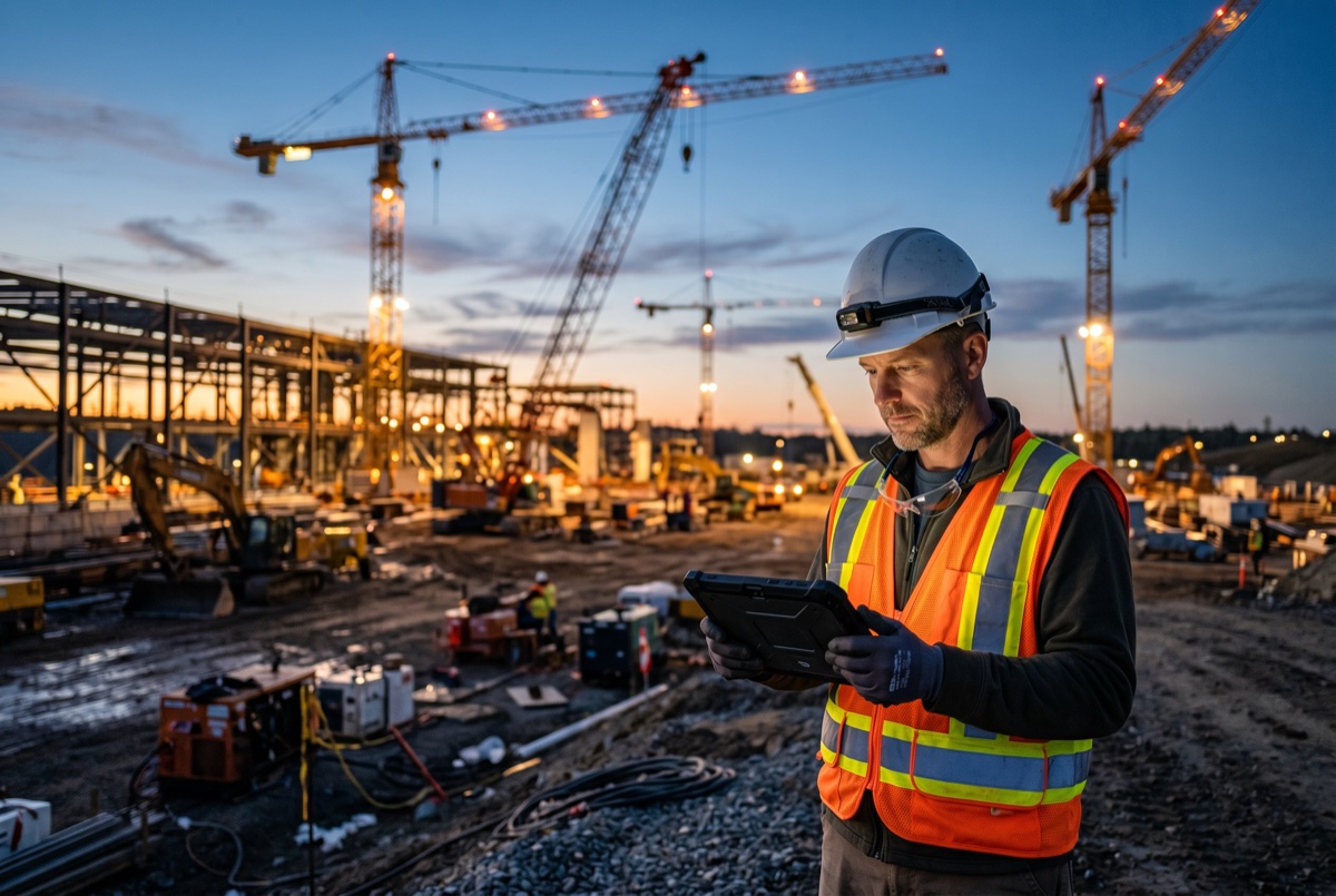 Site engineer reviewing field evidence on a tablet at a major construction site at dusk
