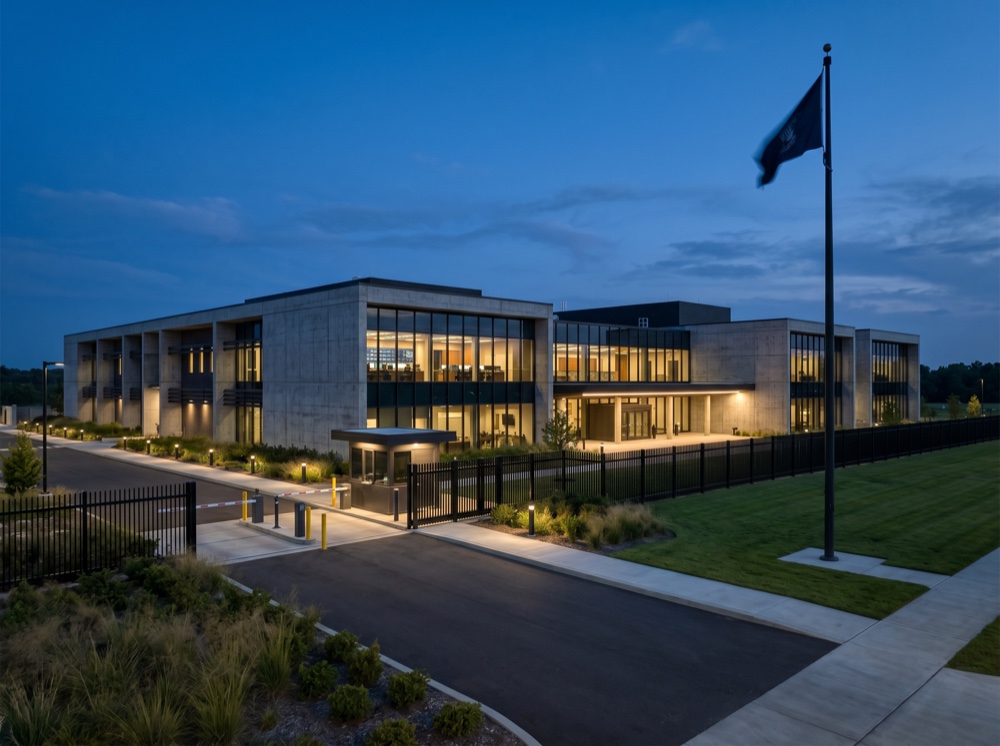 Secure government operations facility at blue hour