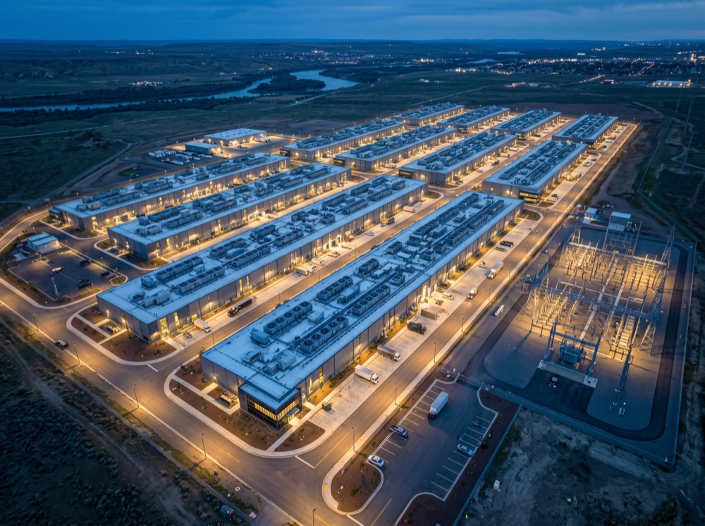 Hyperscale data-centre campus at blue hour