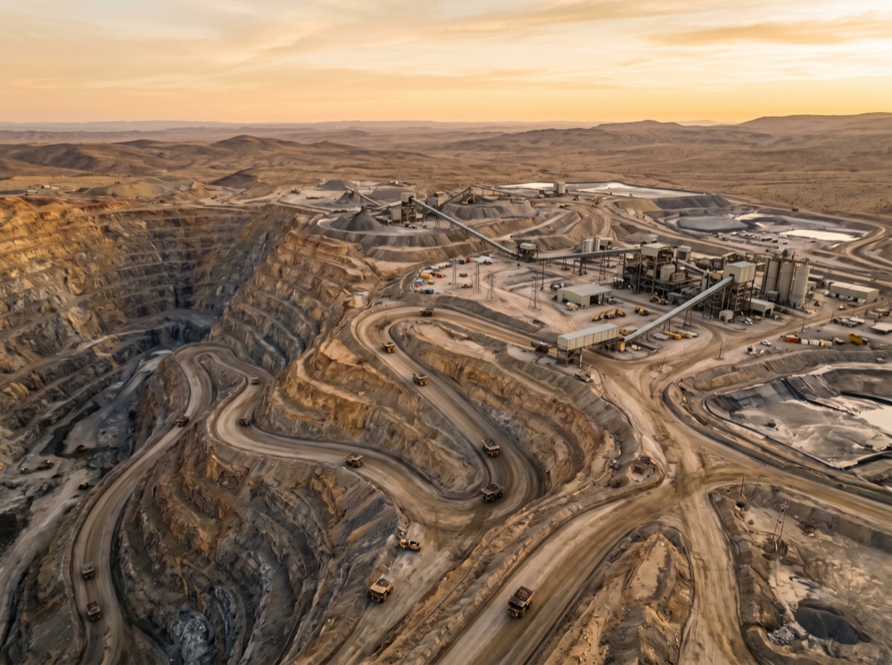 Open-pit mine and ore-processing plant at golden hour