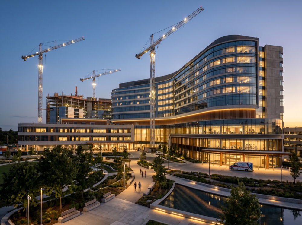 Modern hospital and public building complex at dusk