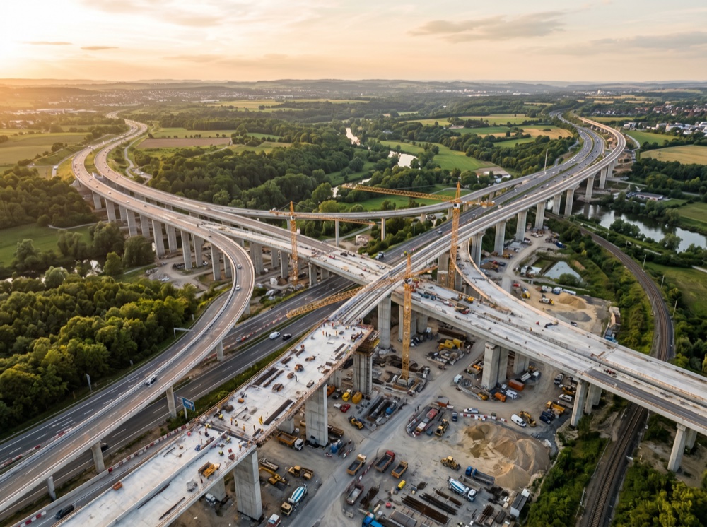 Highway interchange and rail viaduct under construction
